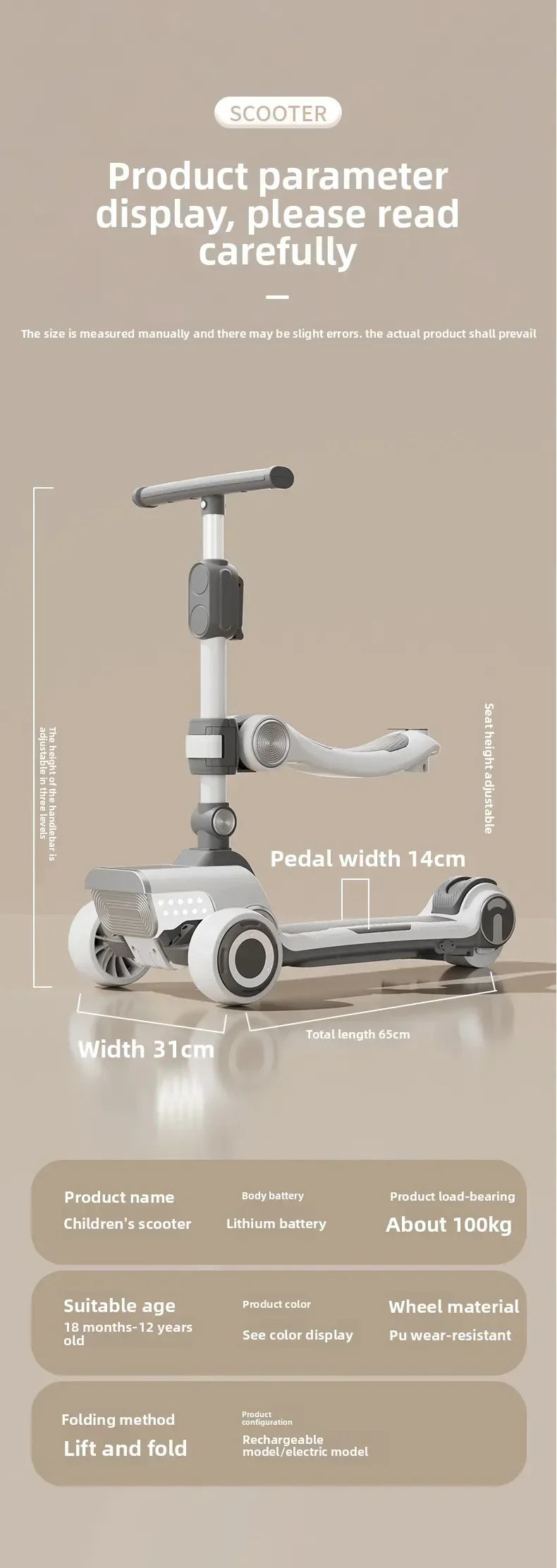 Rechargeable electric scooter for children, foldable and fun with widened design.