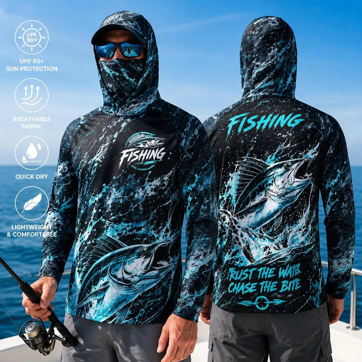 MALFC Men Hood Fishing Shirt long sleeve fishing t shirt uv protection Fishing Apparel