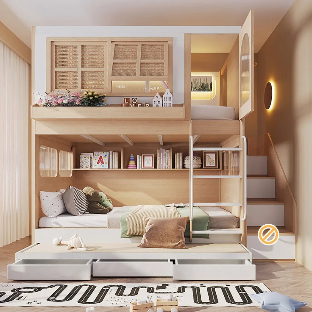 Bunk Bed with Separate Privacy Areas for Brother & Sister, Double Layer Bed for Adults, Noise-Free Partitioned High Low Bed