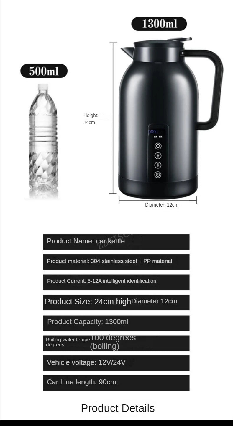 Portable Car Hot Kettle 1200ML Water Heater Travel Auto 12V/24V for Tea Coffee 304 Stainless Steel Large Capacity for Vehicle