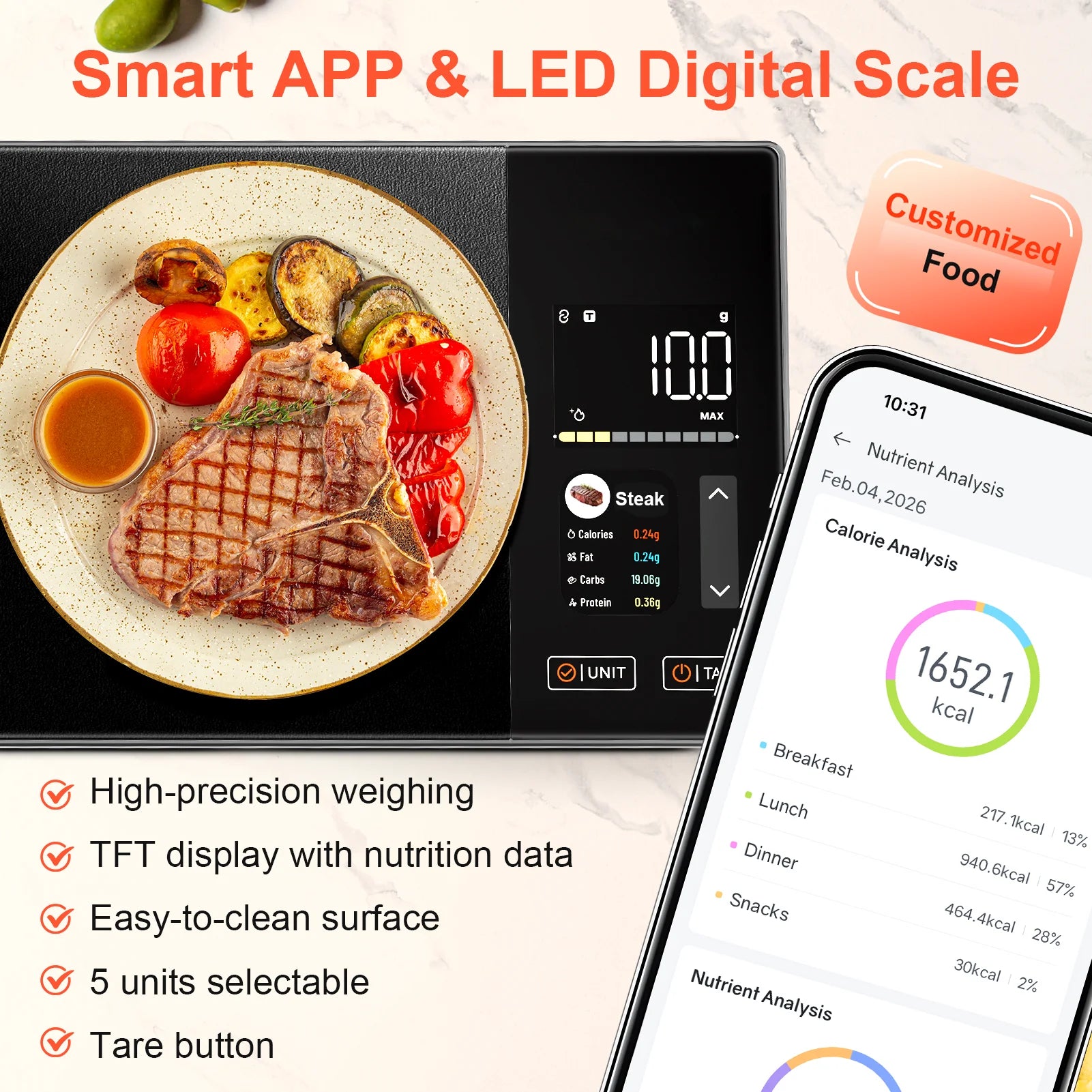 Smart Kitchen Scale Food Calorie Protein Fat Carbs Nutritional Calculator Scales,11 lb / 5kg Stainless Steel Digital Food Scale