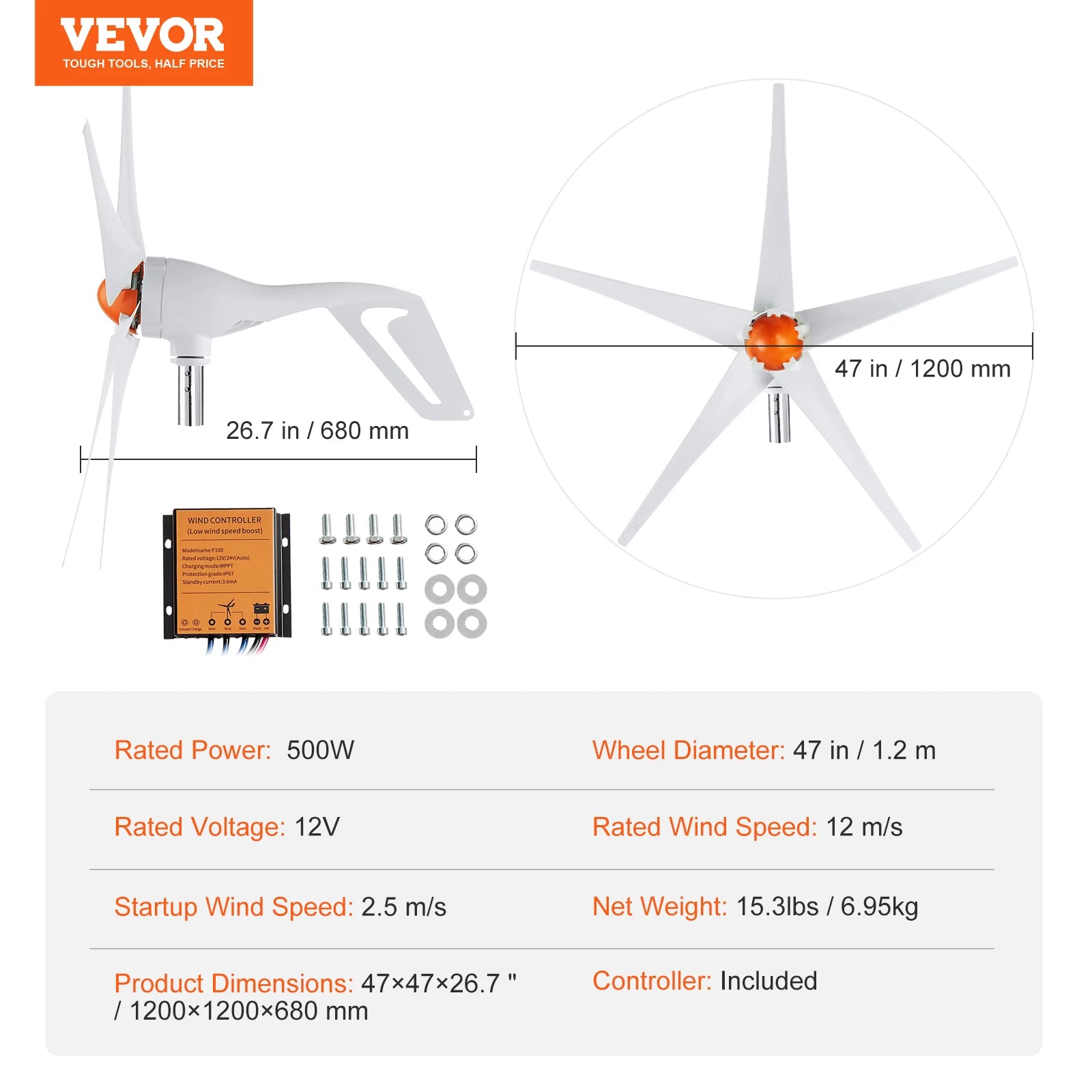SucceBuy Wind Turbine Generator 12V 500W/800W Wind Turbine Kit Wind Power Generator with MPPT Controller Suitable for Home Farm