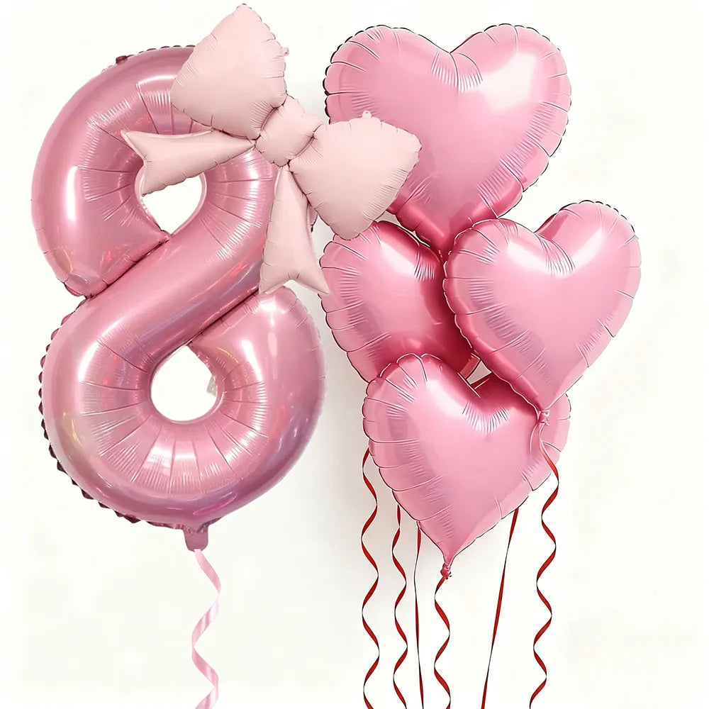 6pcs Pink Bow Heart Balloon with 32Inch Pink Number Foil Balloon for Birthday Party Wedding Engagements Anniversaries Decoration