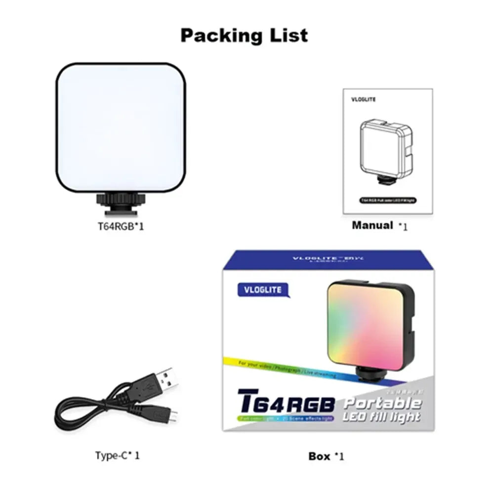 T64 RGB LED Photographic Lighting 2500-9000K Fill Lamp for Smarthphone Camera Gopro Tiktok Video Photo Shooting Small Light Kit
