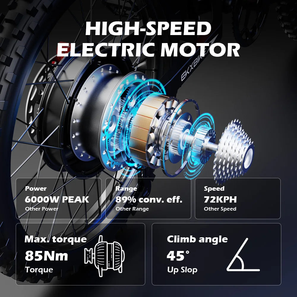 EKXBIKE TX1 Electric Motorcycle 80Km/h 6000W Peak Motor, 60V30AH Lithium Battery, Adult Off-Road Electric Mountain Bike