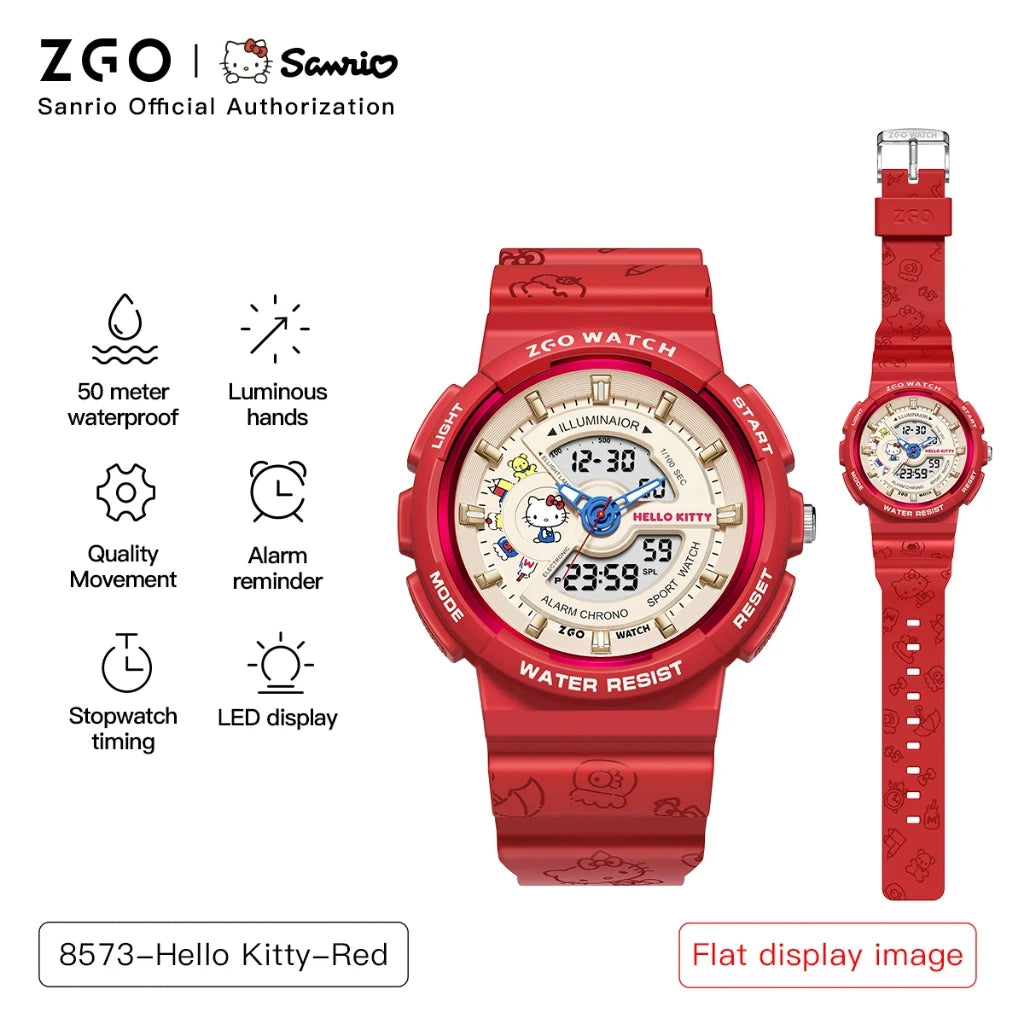 ZGO Sanrio Hello Kitty ladies' digital watch multi-functional dual-display waterproof sports watch for students gift 8573