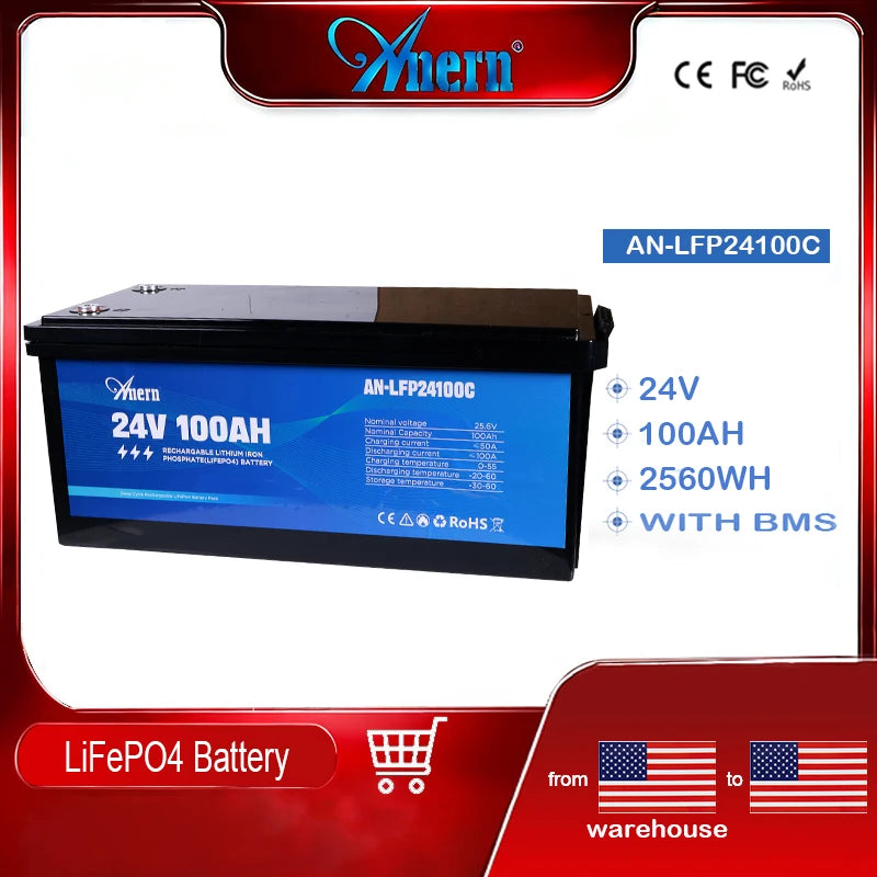 Anern High Quality 2560WH 12V/24V 100Ah LiFePO4 Lithium Battery Built-in BMS for Inverter Motorhome Solar System Boat Household
