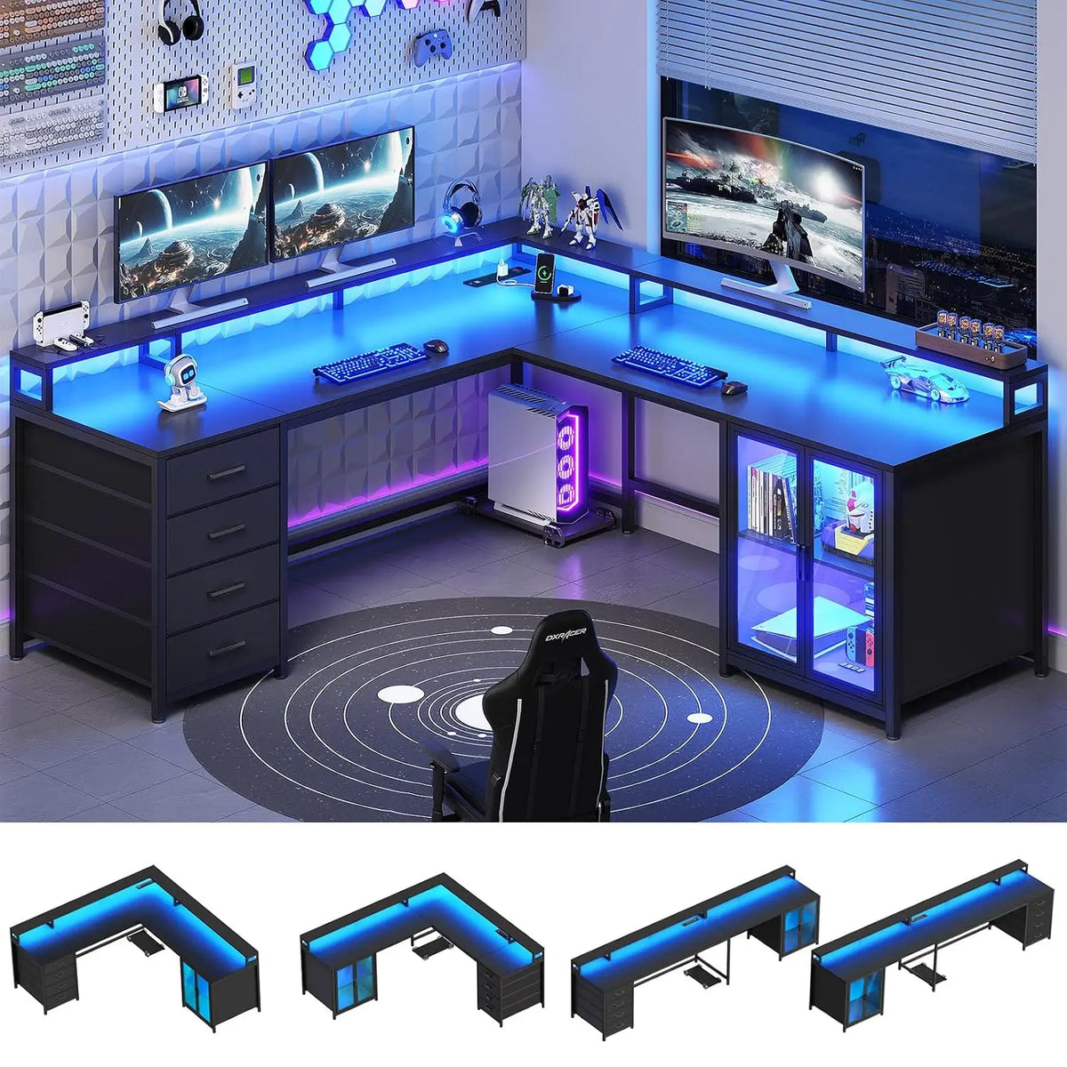 109" L Shaped Gaming Computer Desk,4 Drawers,Display Cabinet & Dual Monitor Space For Home Office, Customized