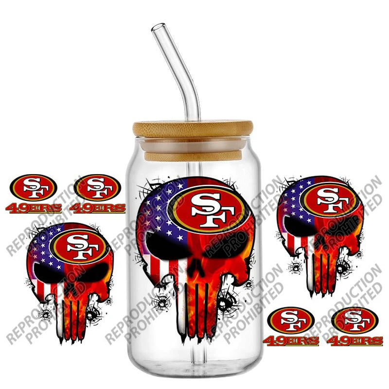 High Quality ‌3D Skull Sports Team Decal UV DTF Cup Wrap for 16oz Libbey Glasses Can DIY Mug Transfer Stickers