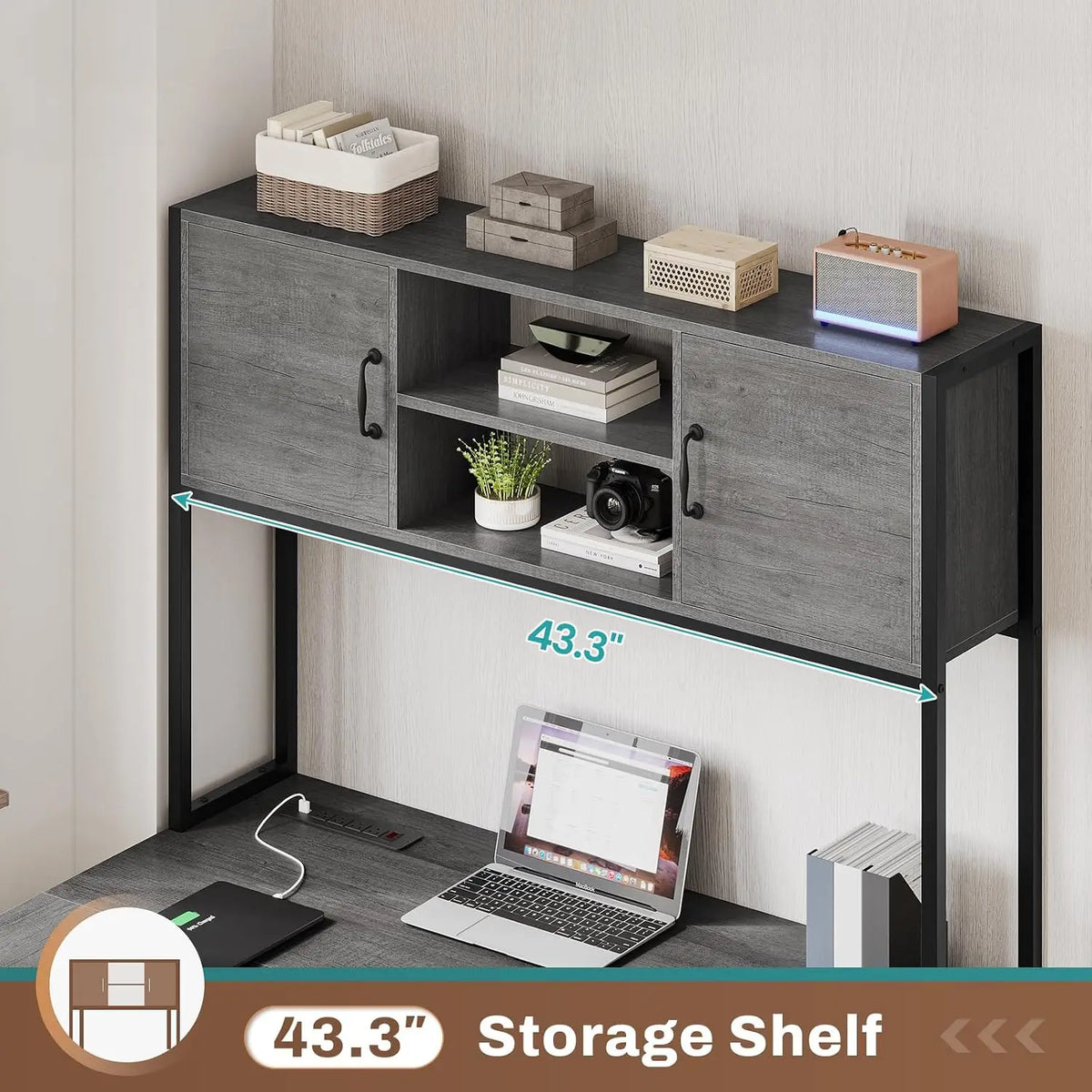 L Shaped Gaming Desk with Drawers LED Lights Power Outlet Hutch Storage Shelf Home Office Grey, Customized