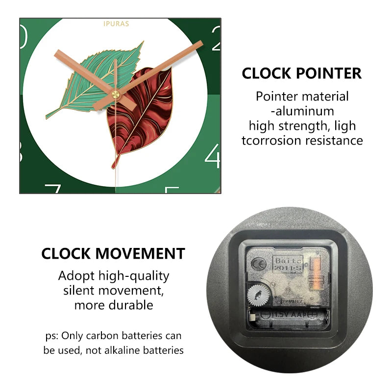 Green Leaf Art Wall Clock Silent Non-Ticking Modern Minimalist Easy to Read Clock for Living Room Bedroom Home Decor