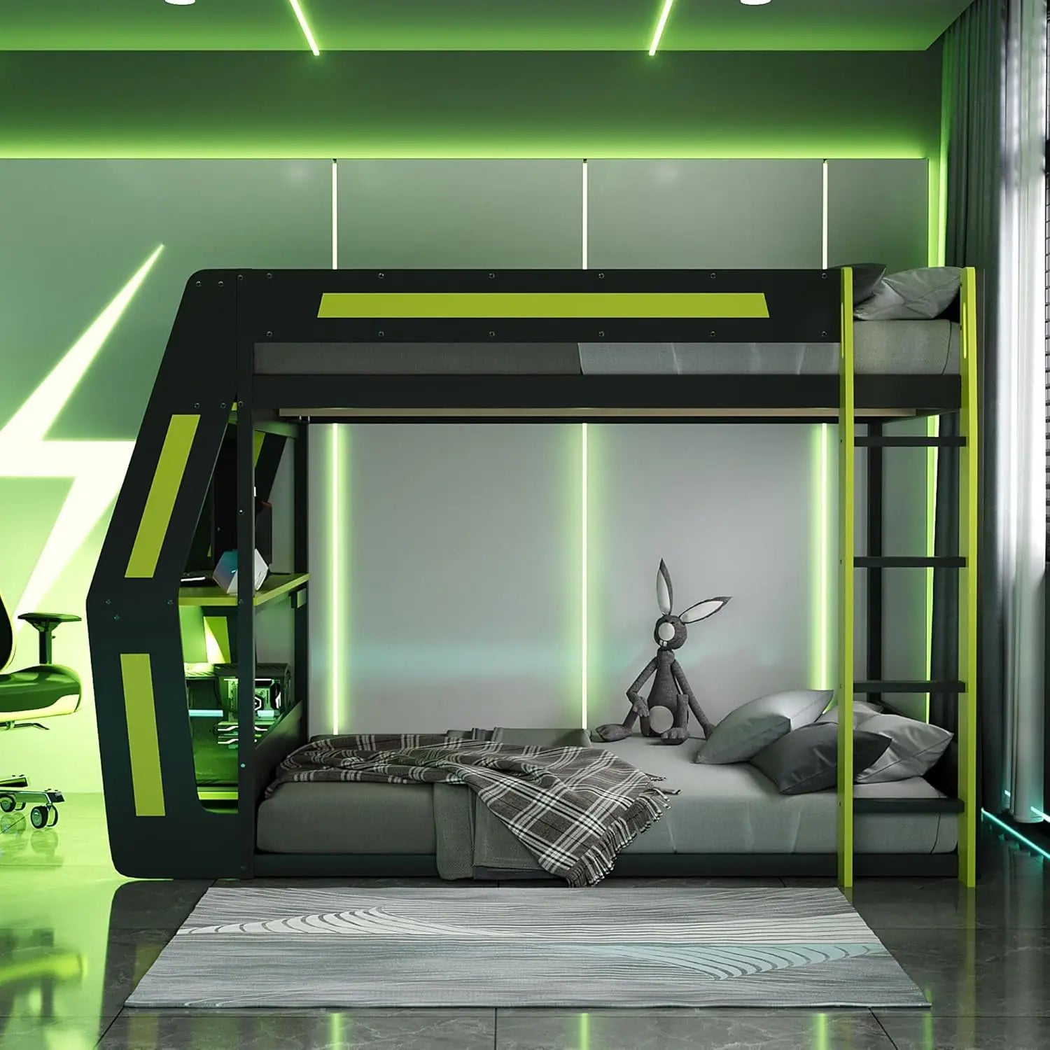 Gaming Bunk Bed with Side-Mounted Oversized RGB Desk, USB Charging Ports & Cable Grommet, LED Light Strip,, Customized
