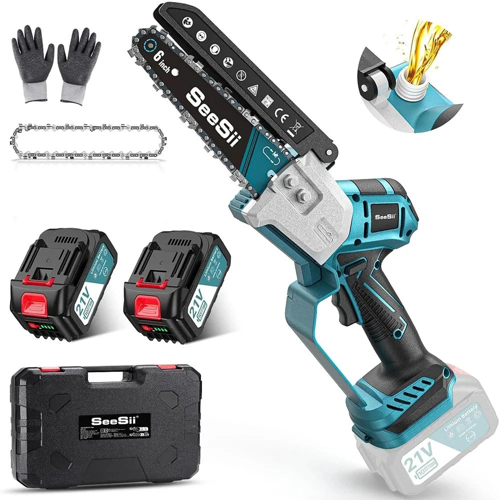 SEESII 6''Cordless Mini Chainsaw 15.2cm Electric Saw Rechargeable Woodworking Garden Pruning Saw for Makita 18V Battery pin