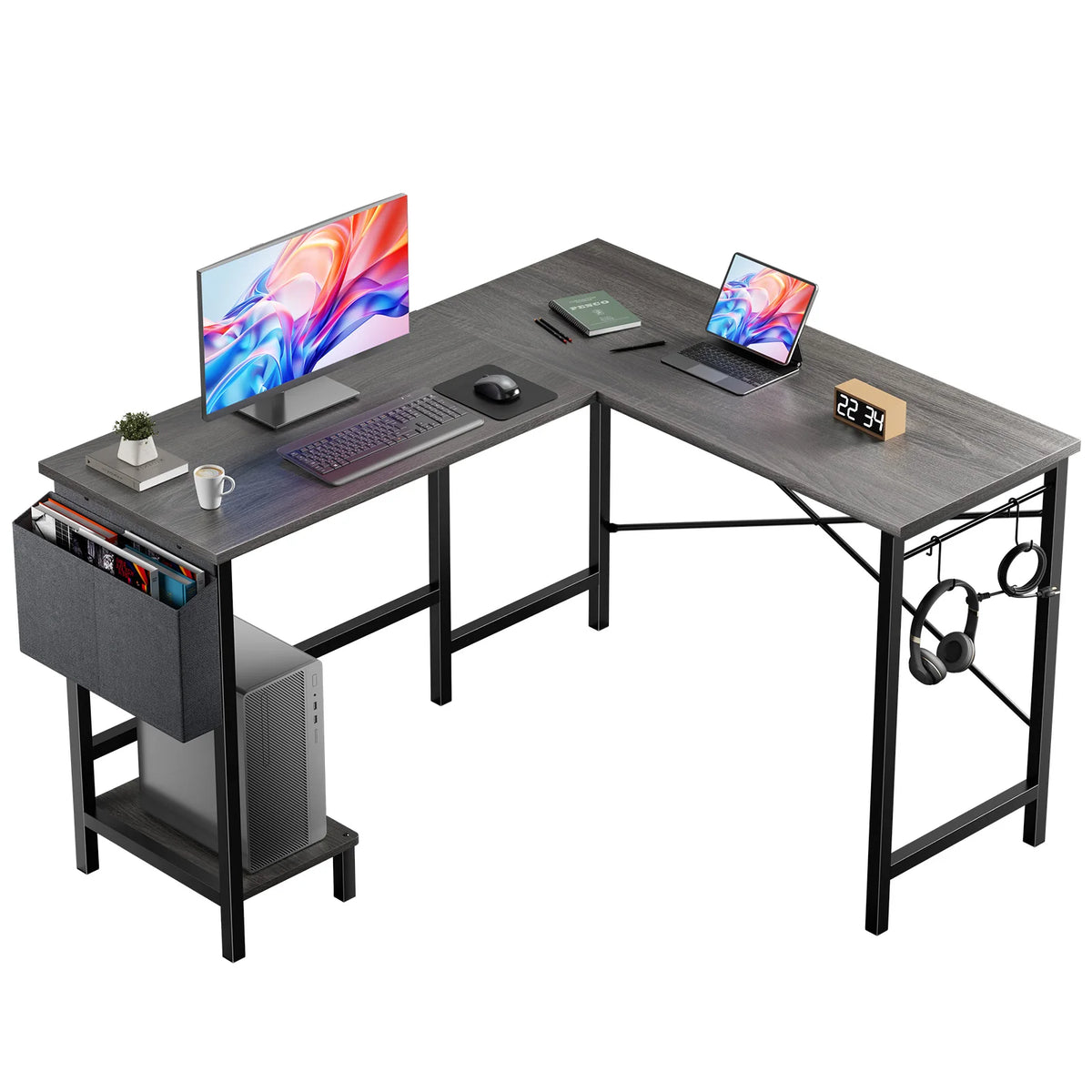 MCQ L Shaped Standing Office Computer Desk with Storage Bag and Side Hook Ergonomic Computer Corner Gaming Desk with PC Stand for Home Office Use Workstation