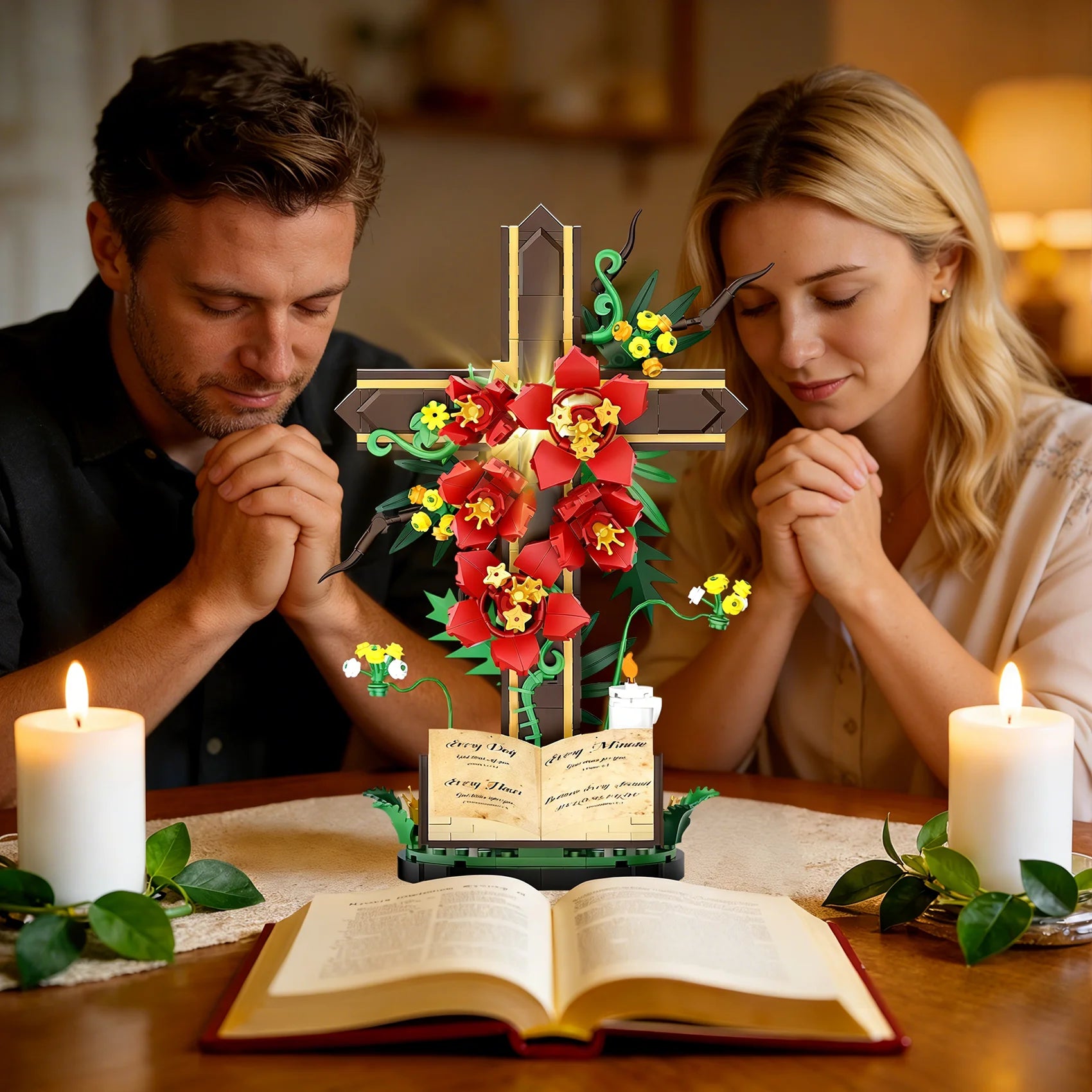 Jesus Flowers Cross Building Blocks Set, LED Religious Decor, Lego-Compatible Christian Catholic Gift for Easter, Kids & Adults