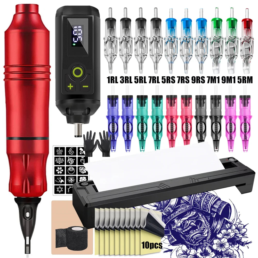 Ballpoint Tattoo Pen Machine Kit Rotary Tattoo Pen Set with Wireless Tattoo Transfer Stencil Printer Power Supply Needles