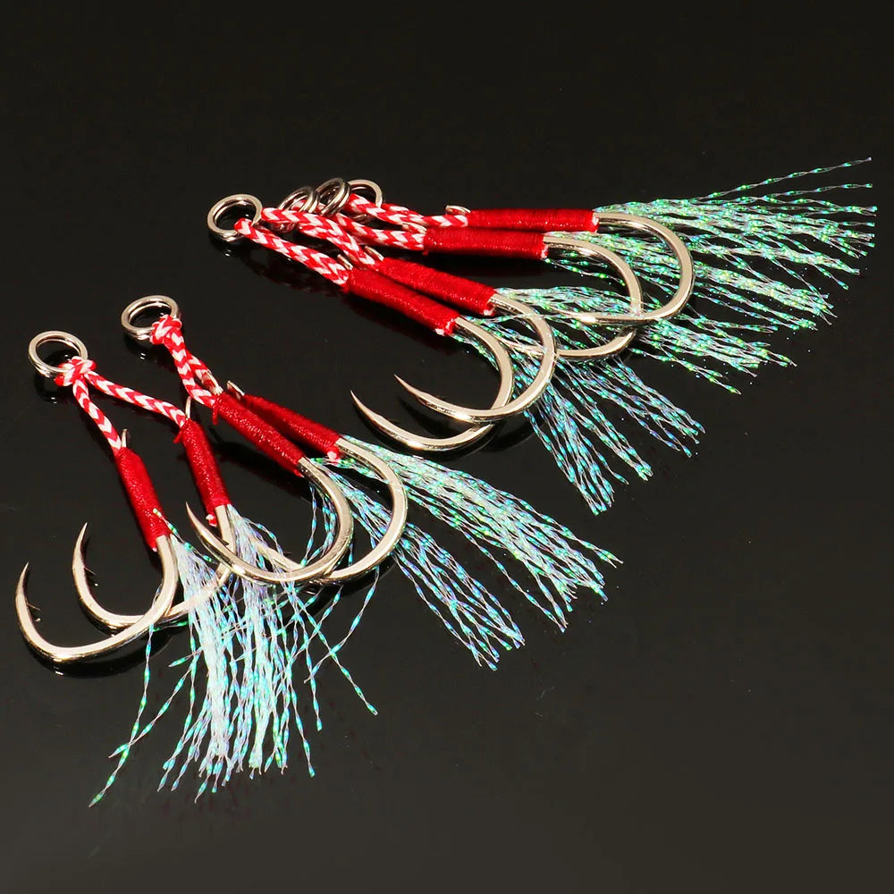 Cast Jig Assist Hook 10PCS/Lot High Carbon Steel Angle Barbed Thread Feather Lake Fishing Tackle Slow Jigging Sea Pesca Fishhook