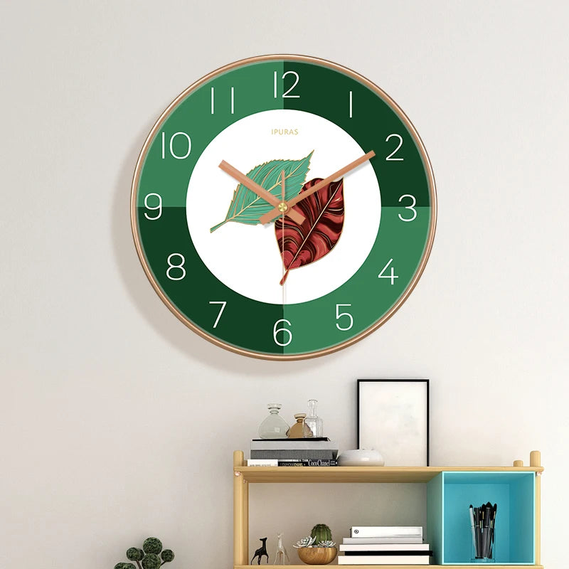 Green Leaf Art Wall Clock Silent Non-Ticking Modern Minimalist Easy to Read Clock for Living Room Bedroom Home Decor