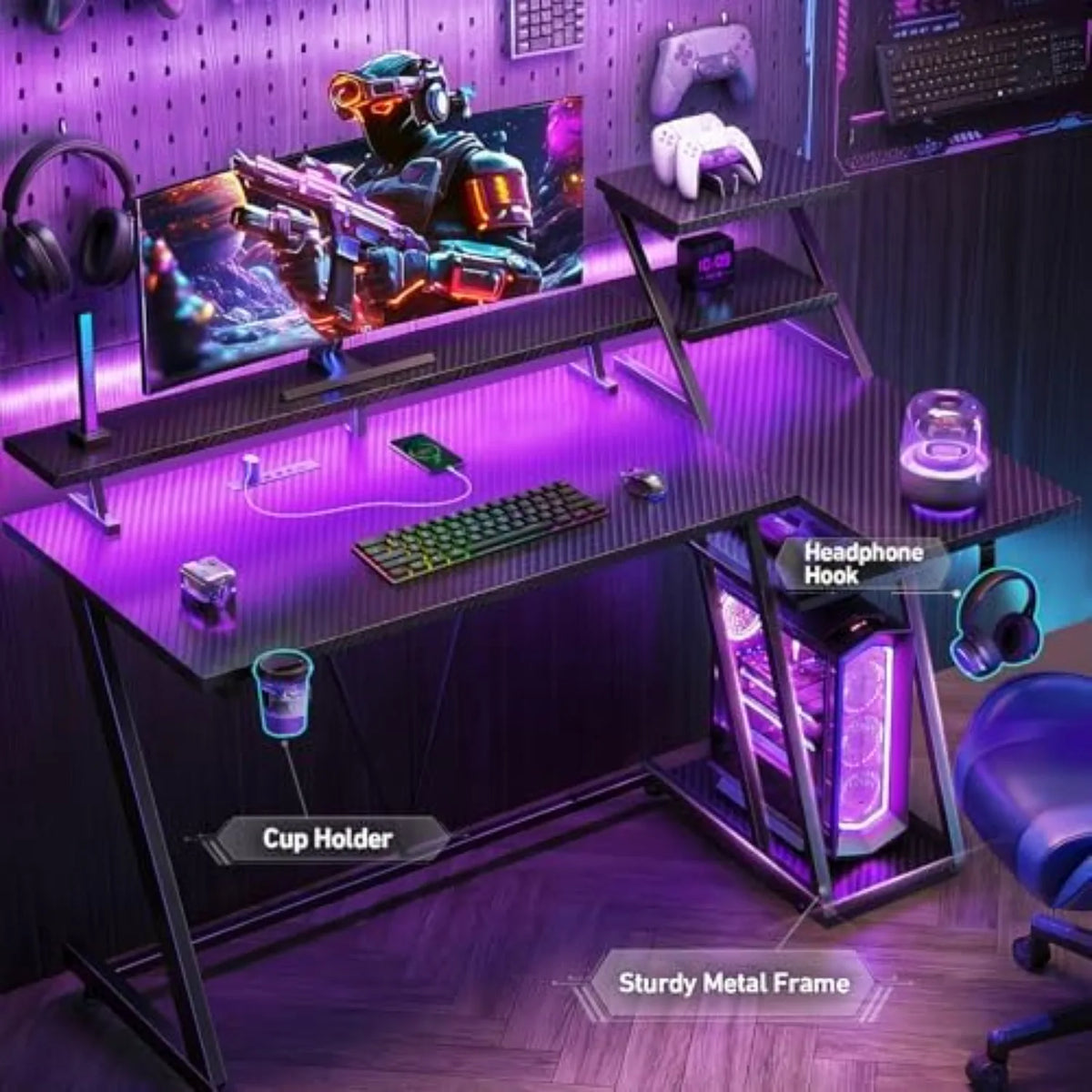 40 Inch Gaming Desk with LED Lights & Power Outlet, L Shaped Computer Gaming Table with Storage Shelves, Reversible
