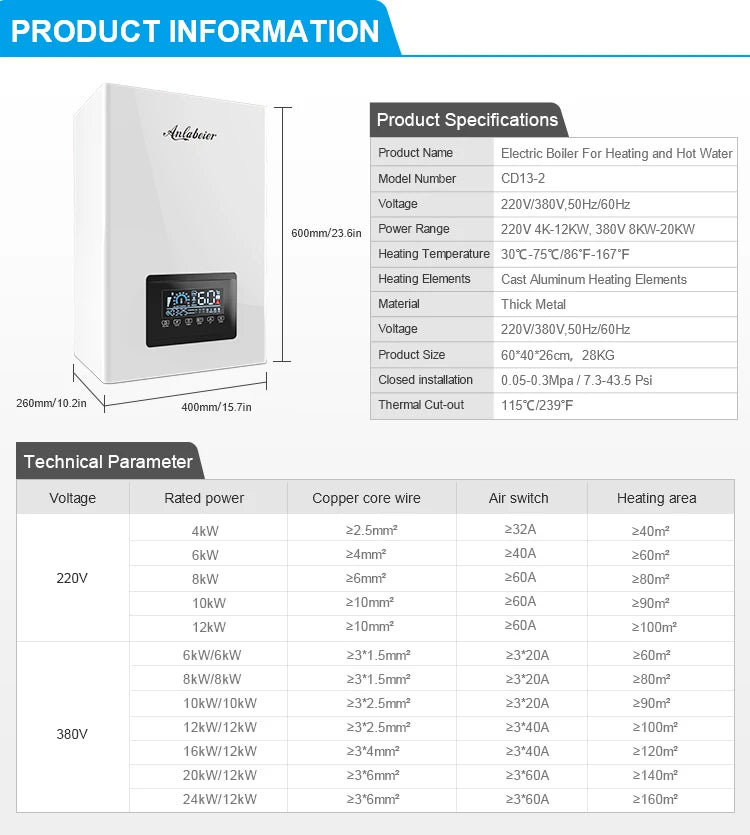 Enjoy efficient heating and hot water anytime with this electric boiler—reliable performance for your home or office!