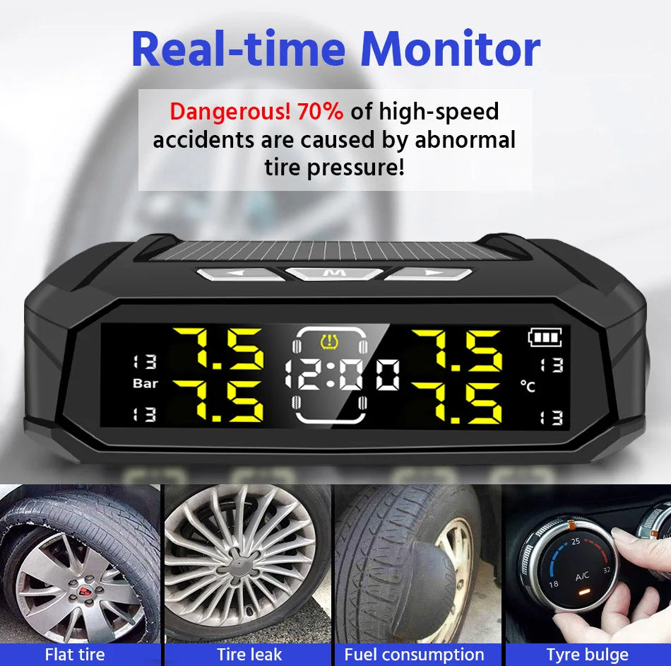 E-ACE Car TPMS Sensor 8 Bar Smart System For Car Truck With Car Electronic Clock Auto Intelligent System Solar Power LCD Display