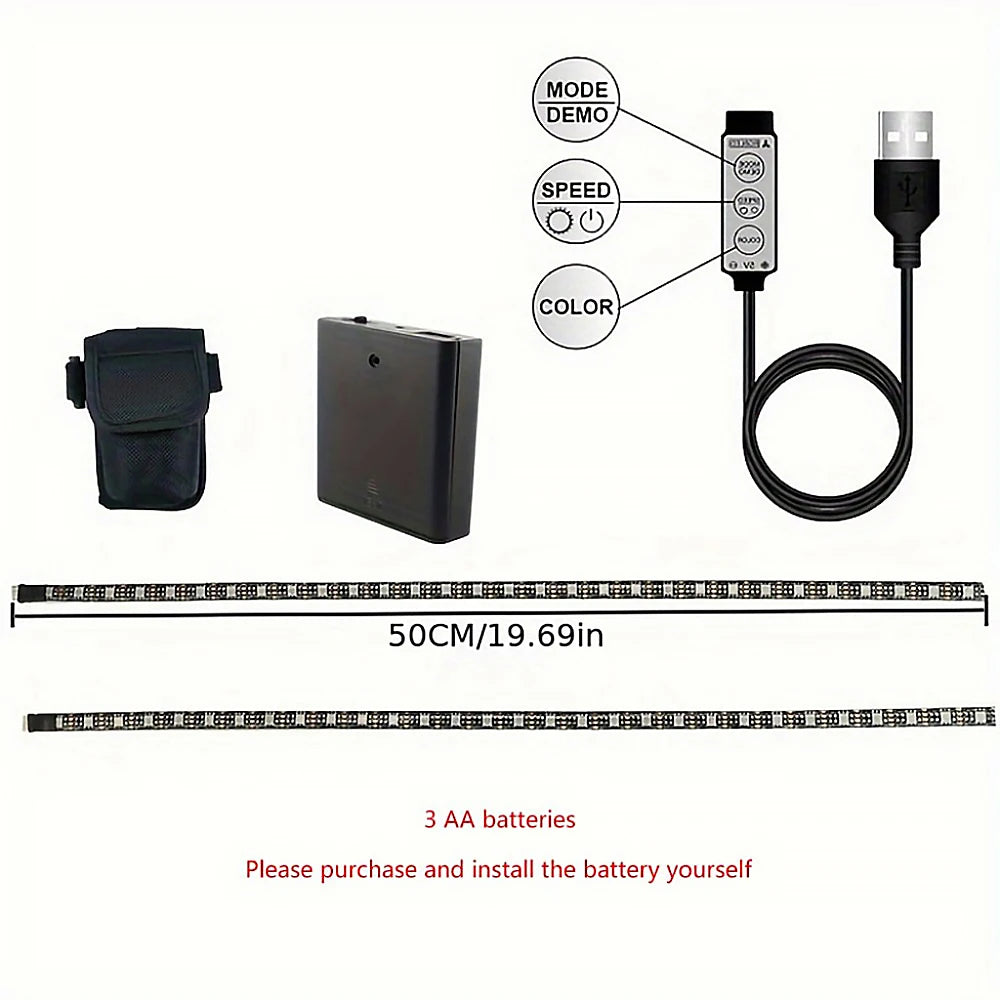 Enhance safety during nighttime rides with these LED strip lights designed for scooters and bicycles. Battery-powered for convenience, these warning lights increase visibility and promote safer travels.