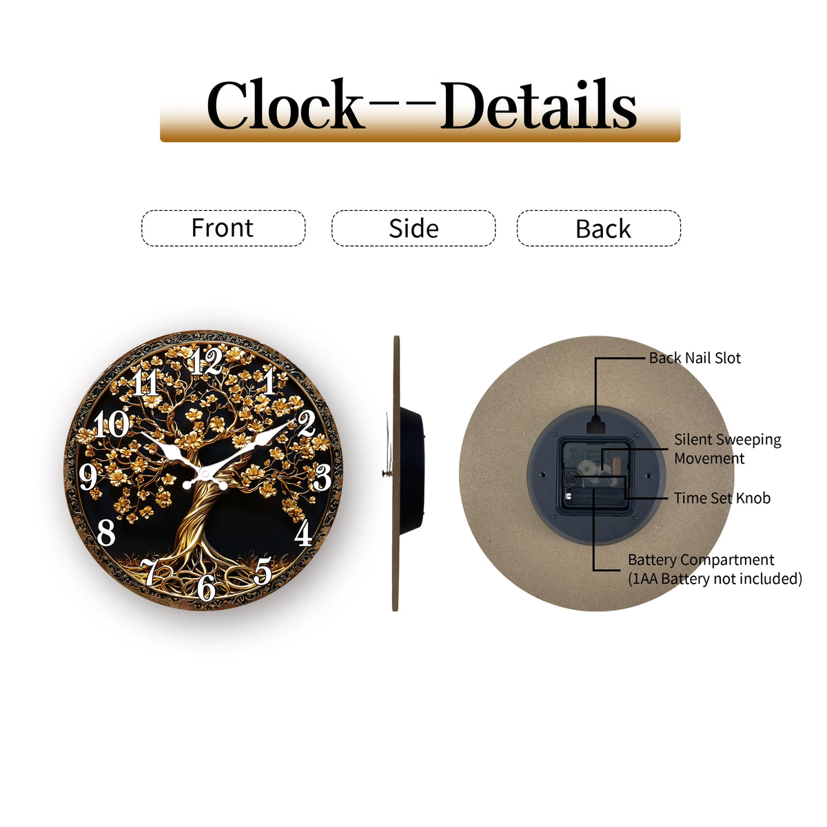 Golden Tree of Life with Intricate Details Wall Clock, Luxury Ornate Design Round Decorative Clock, Elegant Home Decor Timepiece