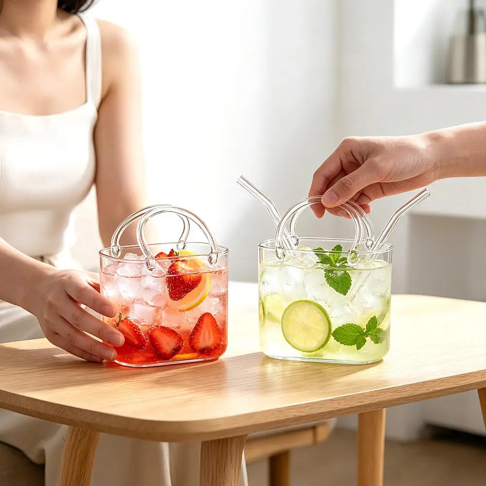 Portable Handbag Glass Cup Creative Cocktail Glasses Cups Funny Fruit Wine Glass Cups Ins Style Bag Glass With Straw Bar Tools