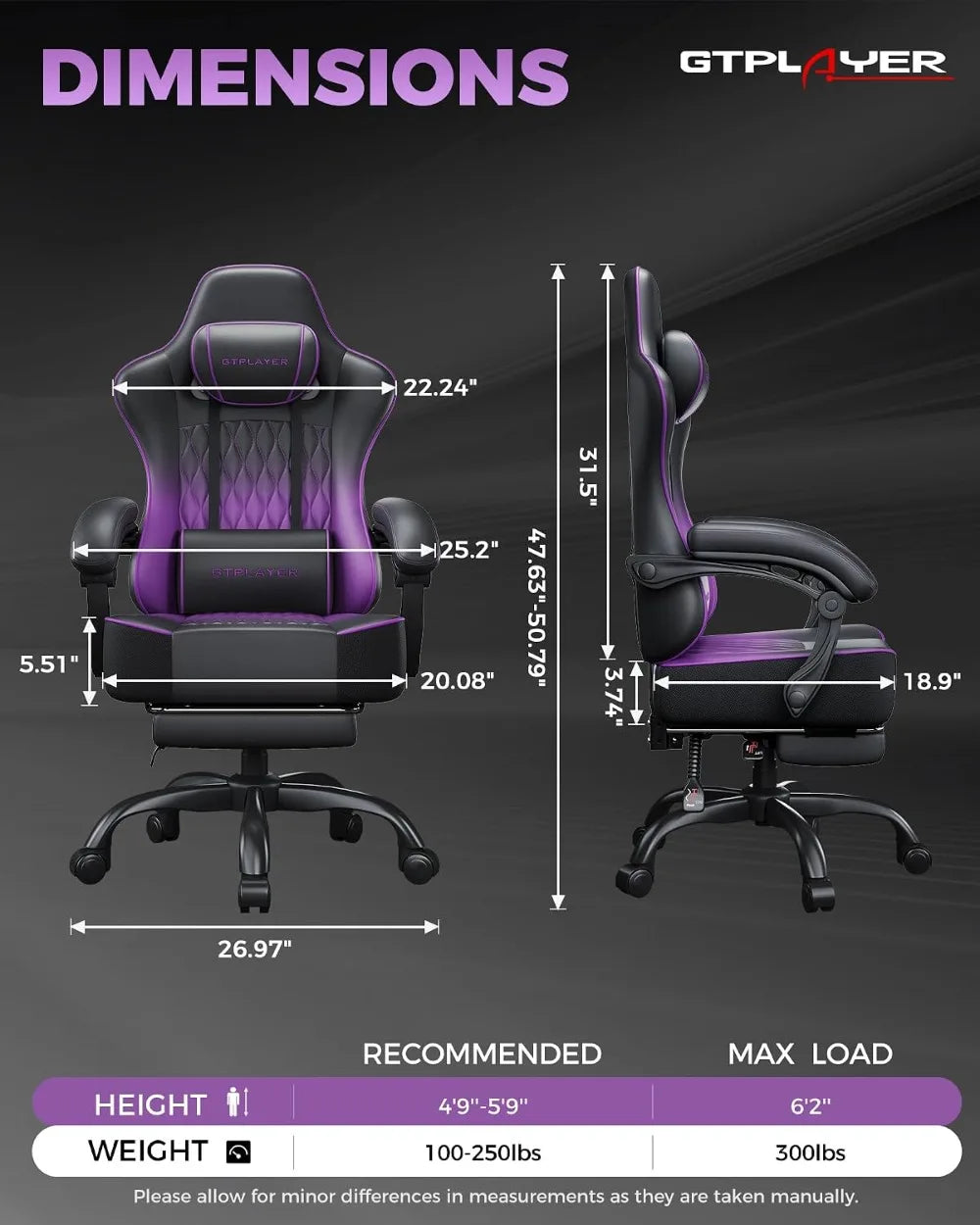Gaming Chair Wide Seat 350LBS Big Tall Adults Purple Gradient Footrest