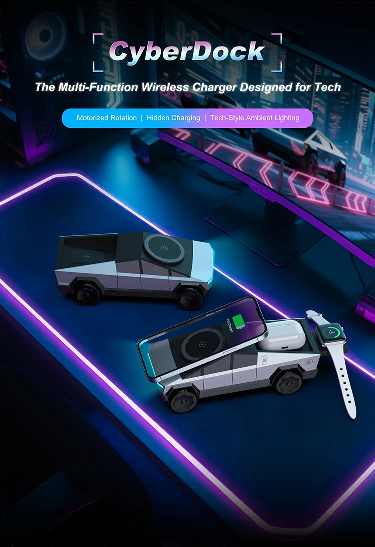 Cybertruck multifunctional 3-in-1 wireless charger—perfect for iPhone, iWatch, and AirPods!