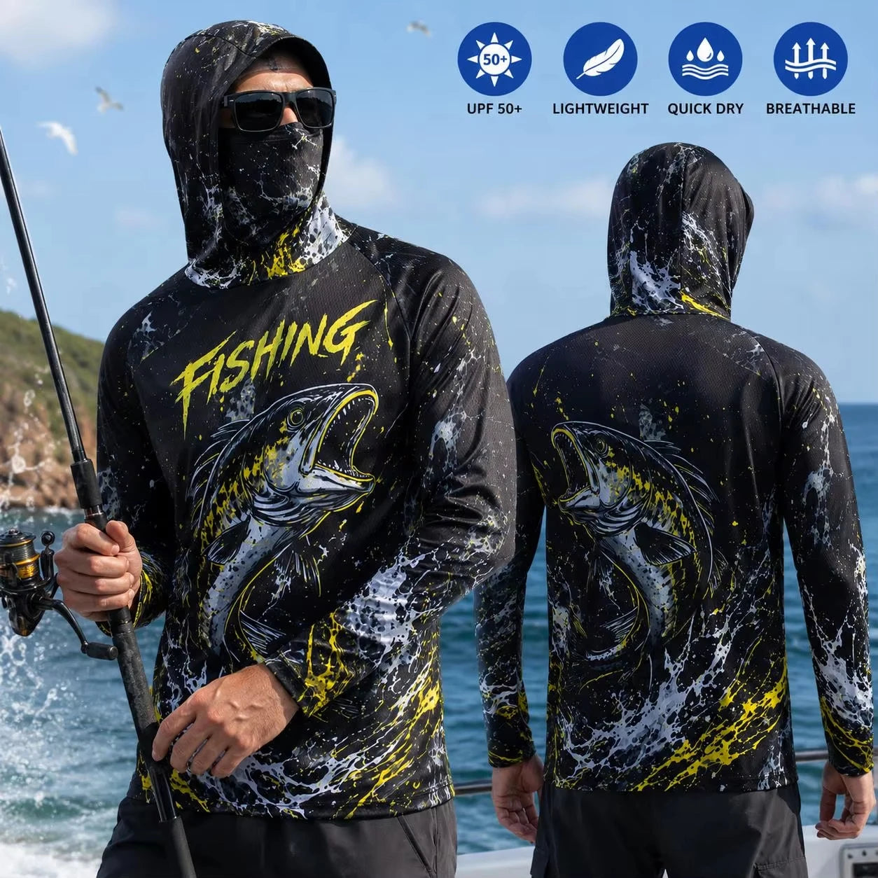 MALFC Men Hood Fishing Shirt long sleeve fishing t shirt uv protection Fishing Apparel