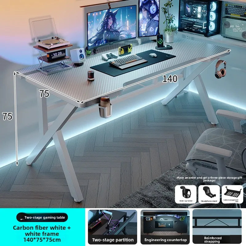 Two-Section Split Solid Wood Computer Gaming Desk  | Ergonomic Home Office Workstation Furniture in Carbon Fiber Style