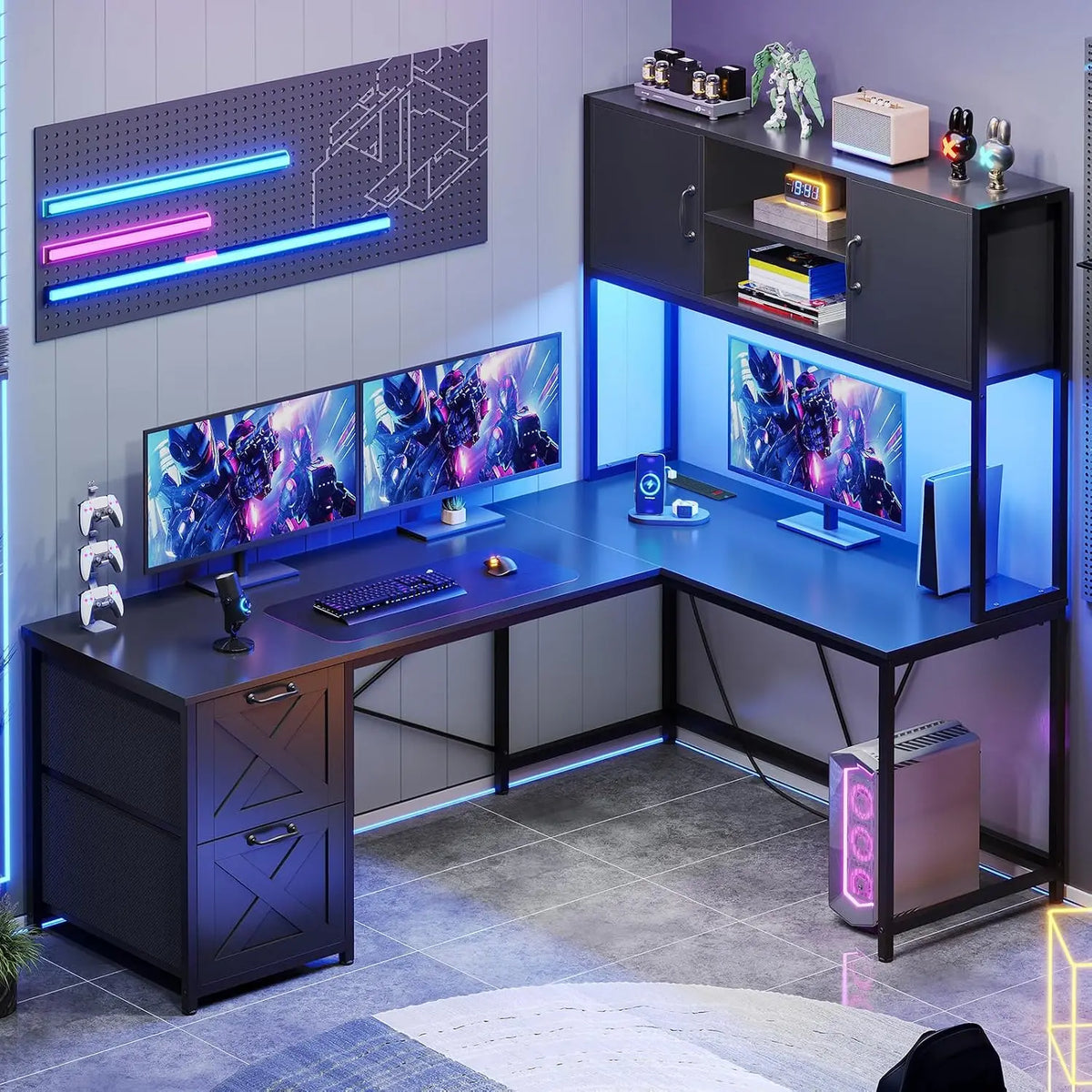 L Shaped Gaming Desk with Drawers LED Lights Power Outlet Hutch Storage Shelf Home Office Grey, Customized