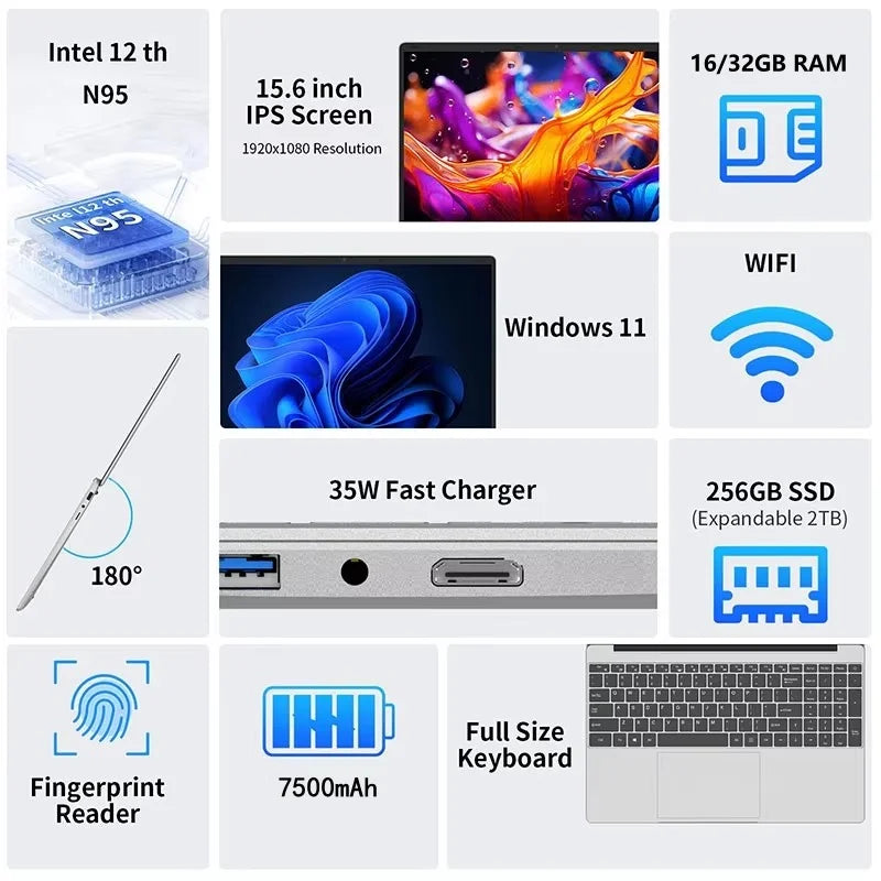 Experience powerful performance on the go with this ultra-slim 15.6" laptop—featuring an Intel N95 processor, massive 32GB RAM, 2TB (2048GB) storage, a long-lasting 7500mAh battery, Windows 11 Pro, fingerprint unlock, and gaming-ready specs!