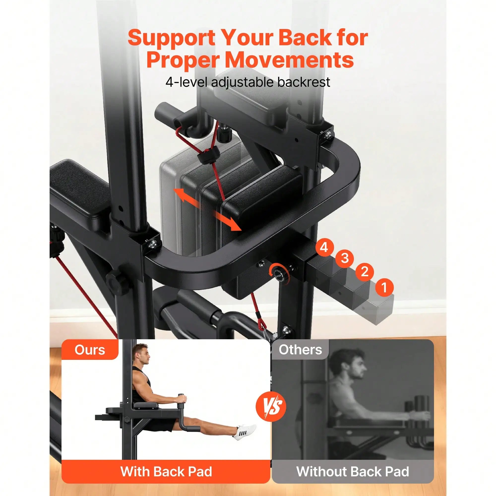 Pull Up Bar, 330 LBS Power Tower Dip Station, Workout Dip Station With H-Shaped Stable Base & Back Pad, Adjustable 12 Level Height Free Standing Chin Up Bar For Back, 4-Level Adjustable Back Pad