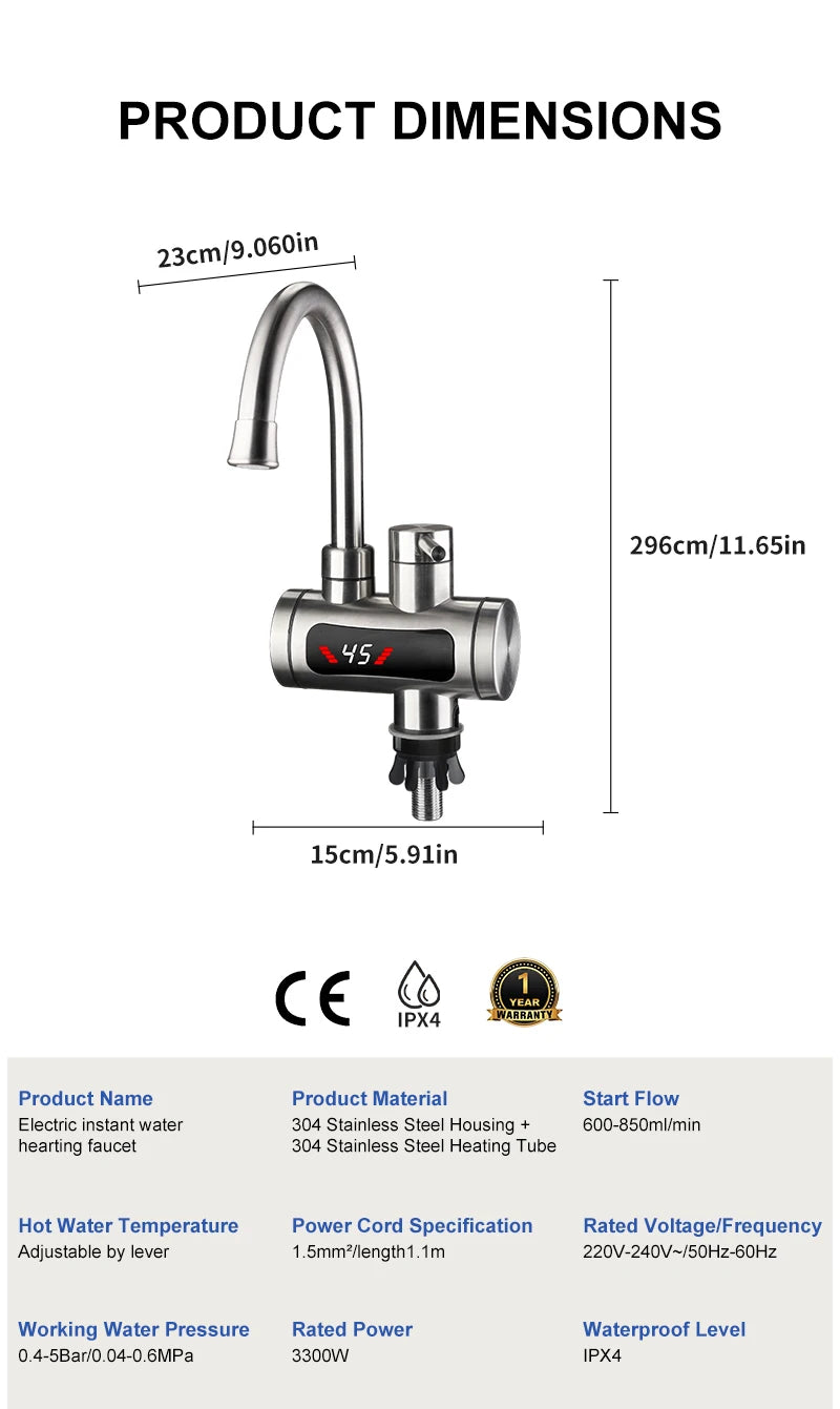 Instant Electric Water Heater 3300W EU Plug Under Sink 220V Kitchen Bathroom Tankless Hot Water Faucet Heater 360° Rotatable