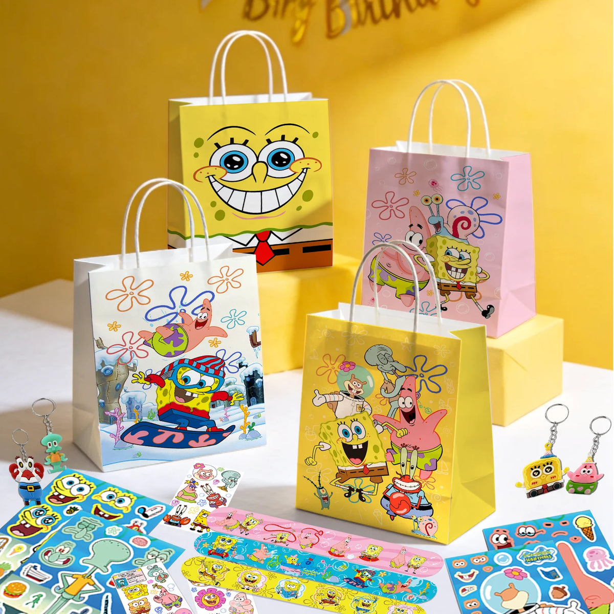 96 Pcs SpongeBob Birthday Party Favors-SpongeBob Party Favors Bags Keychain Stickers Slap Bands Etc SpongeBob Party Supplies