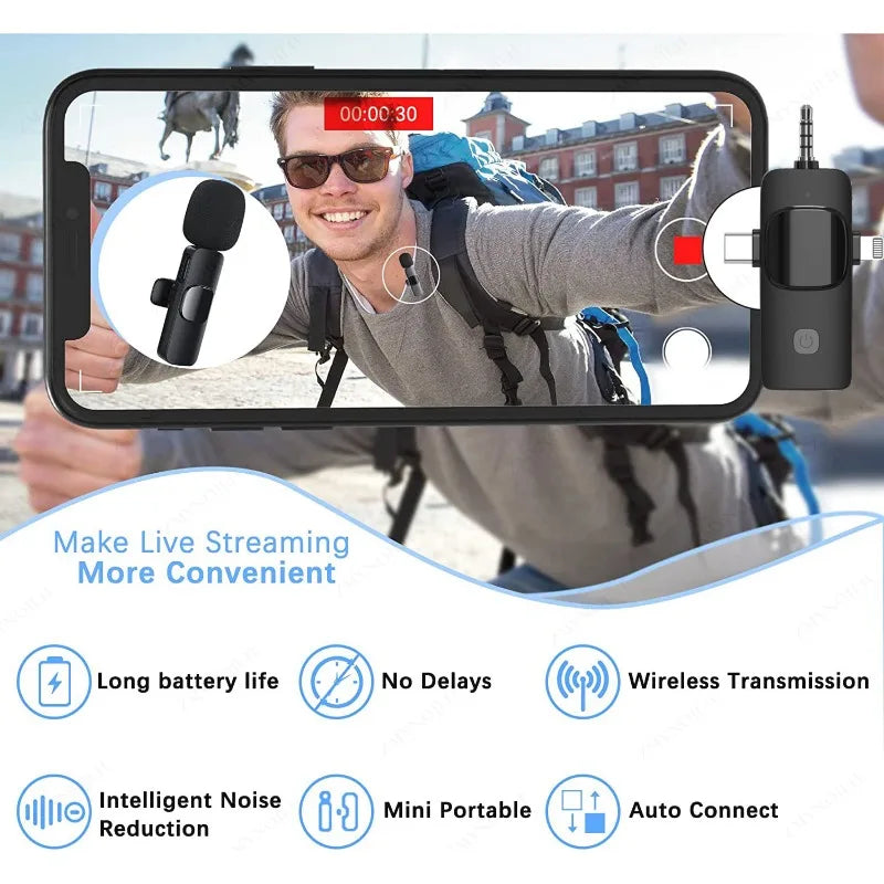 Capture crystal-clear audio on the go with this professional 4-in-1 wireless lavalier microphone—compatible with iPhone and Android devices for versatile, high-quality recording!