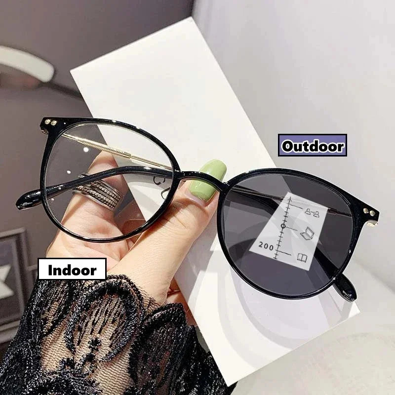 Smart Photochromic Reading Glasses Unisex Round Progressive Multifocal Presbyopia Eyeglasses Finished Near Far Bifocal Eyewear