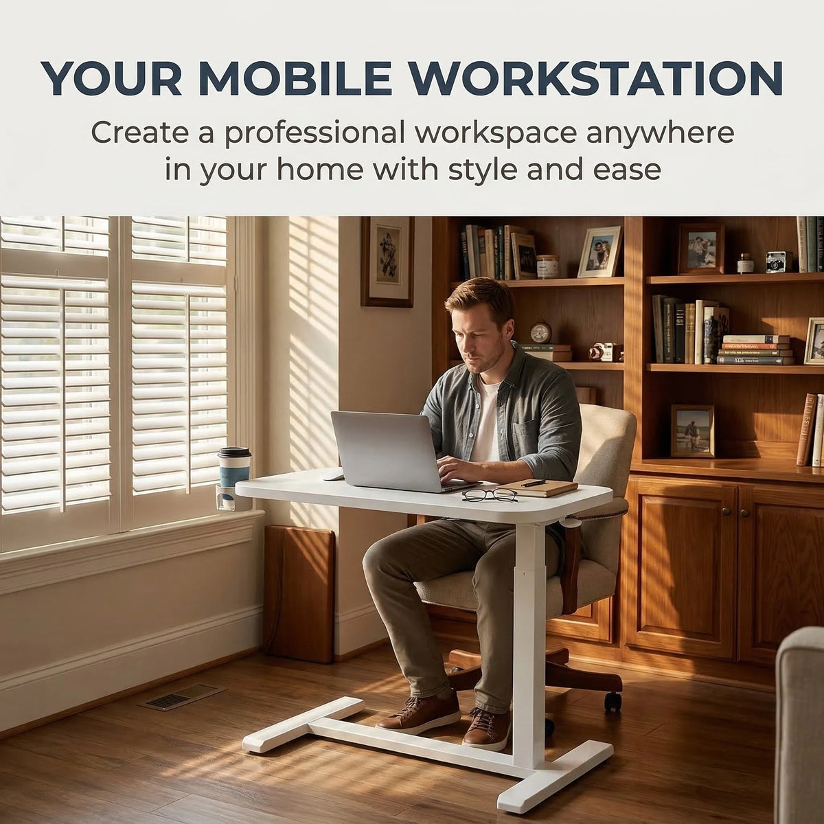 28/32Inch Bedside Table with Wheels, Height-Adjustable Rolling Computer Cart, Overbed Table with Cup Holder, Pneumatic Laptop Standing Desk for Home Office