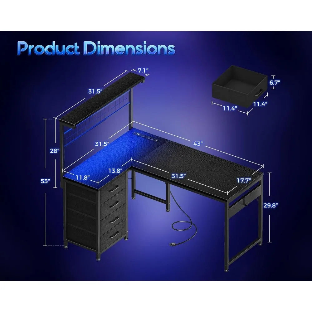 43” L-Shaped Gaming Desk for Compact Spaces: Corner Computer Table with Shelf, Hutch, 4 Drawers, LED Light, Power & USB Ports