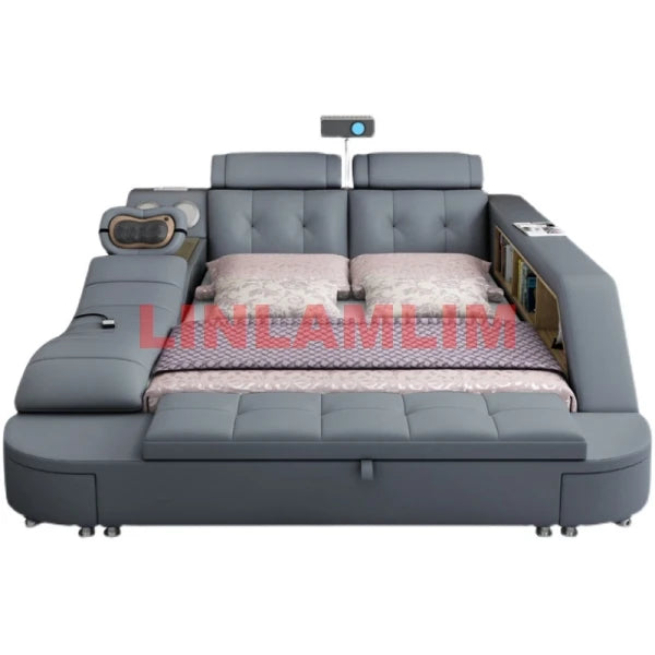 Luxury Upholstered Smart Storage Bed Frame with Bookshelves, USB, Foldable Dresser, Drawers & Headboard Storage, All In One Bed
