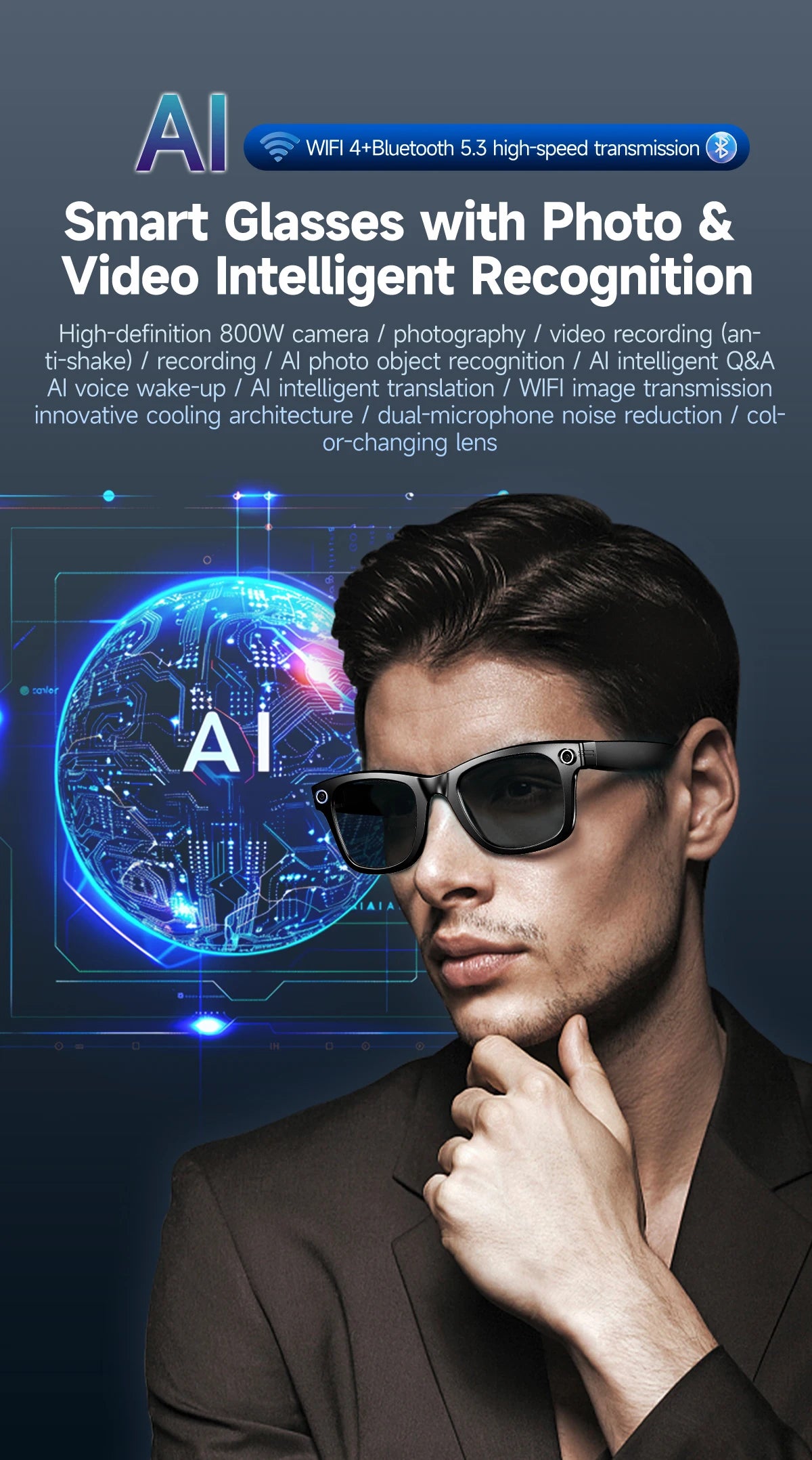 LIGE AI Smart Glasses 8MP HD Camera Video Bluetooth Call Intelligent Translation 270mAh Battery Voice Assistant Music Sunglasses
