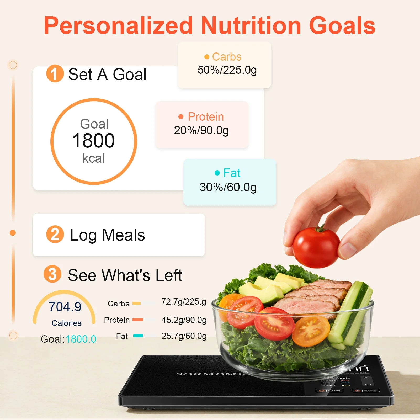 Smart Kitchen Scale Food Calorie Protein Fat Carbs Nutritional Calculator Scales,11 lb / 5kg Stainless Steel Digital Food Scale