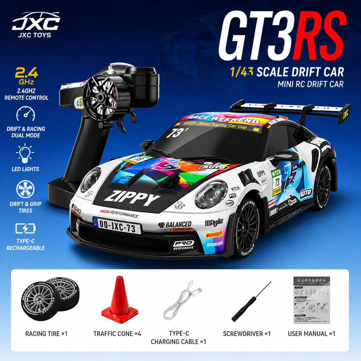 1:43 Scale 4WD RC Drift Car PO4302 2.4GHz Remote Control Racing Car  15KM/H with 8-Color LED Light 30min Play Time Gift Toy for