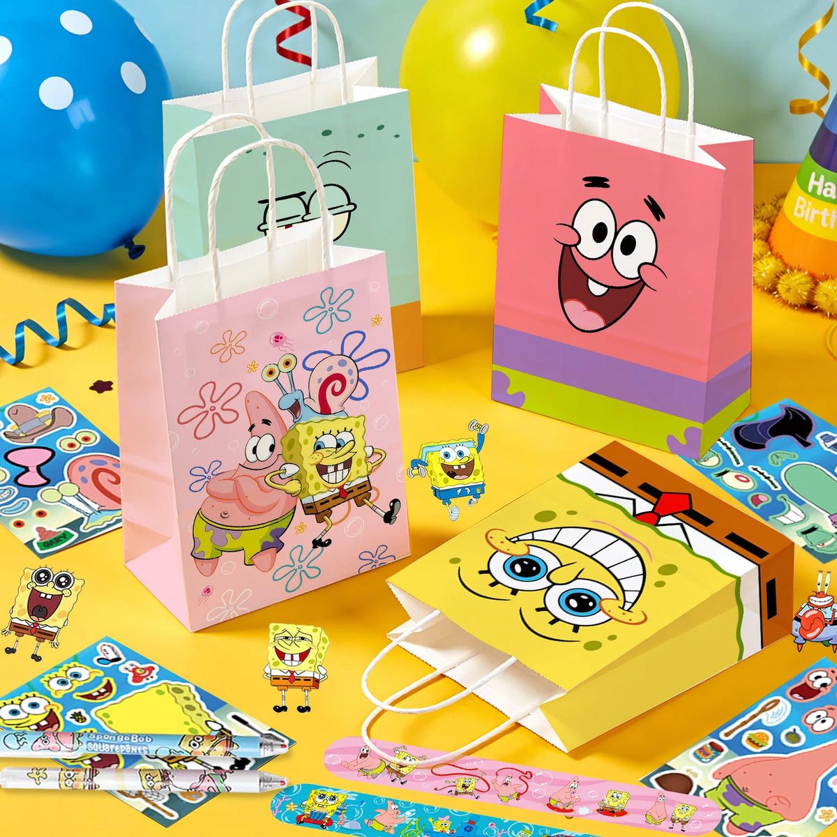 96 Pcs SpongeBob Birthday Party Favors-SpongeBob Party Favors Bags Keychain Stickers Slap Bands Etc SpongeBob Party Supplies