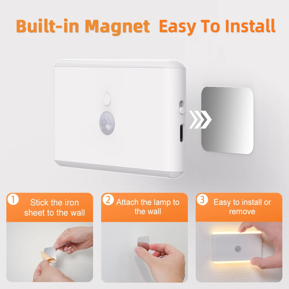 Light up your nights with this LED motion sensor night light—featuring 3 dimmable modes, perfect for stairs and indoor use with battery power!