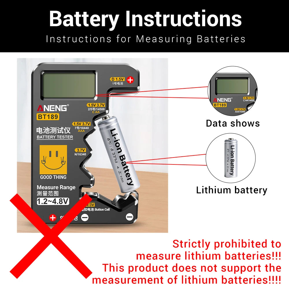 Quickly check your batteries with this universal button cell battery tester—compatible with 9V, N, D, C, AA, and AAA sizes, featuring an easy-to-read LCD display!