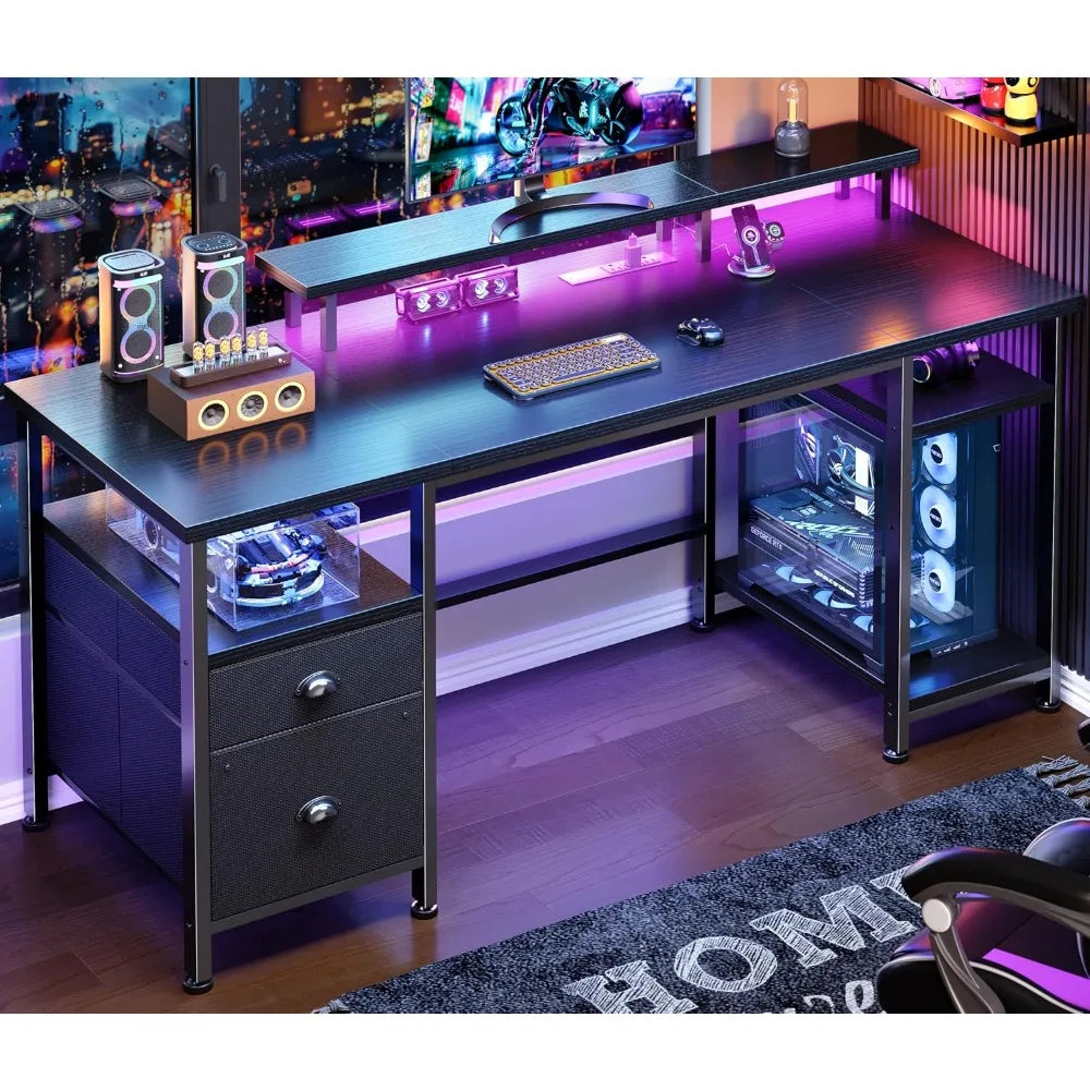 51" Gaming Desk with Power Outlets & LED Lights, Reversible Computer Desk with File Cabinet & Monitor Stand for, Customized
