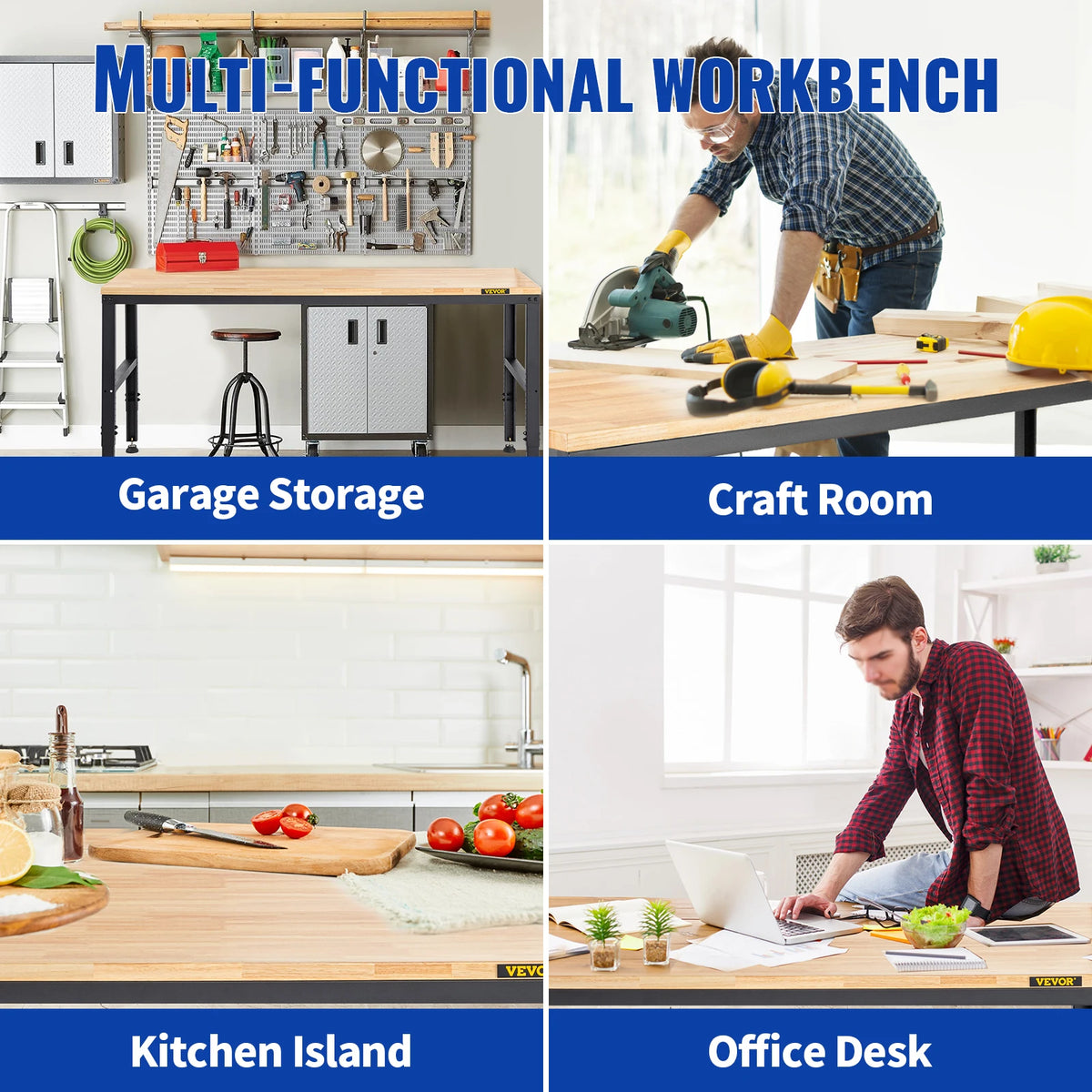 SucceBuy Heavy-Duty Workbench 72cm Adjustable Height Oak Wood Hardwood Top Table 900KG Load Capacity for Office Home Workshop